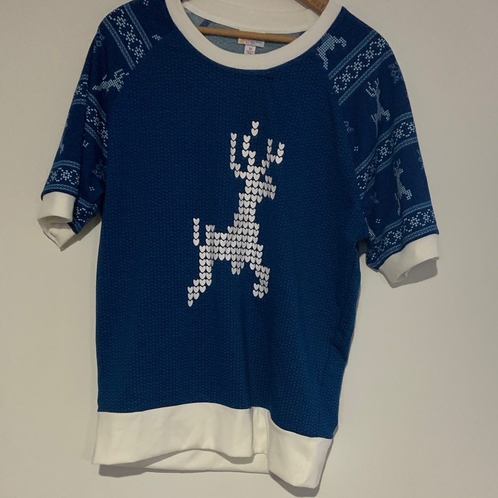 LuLaRoe Blue and White Reindeer Shirt
